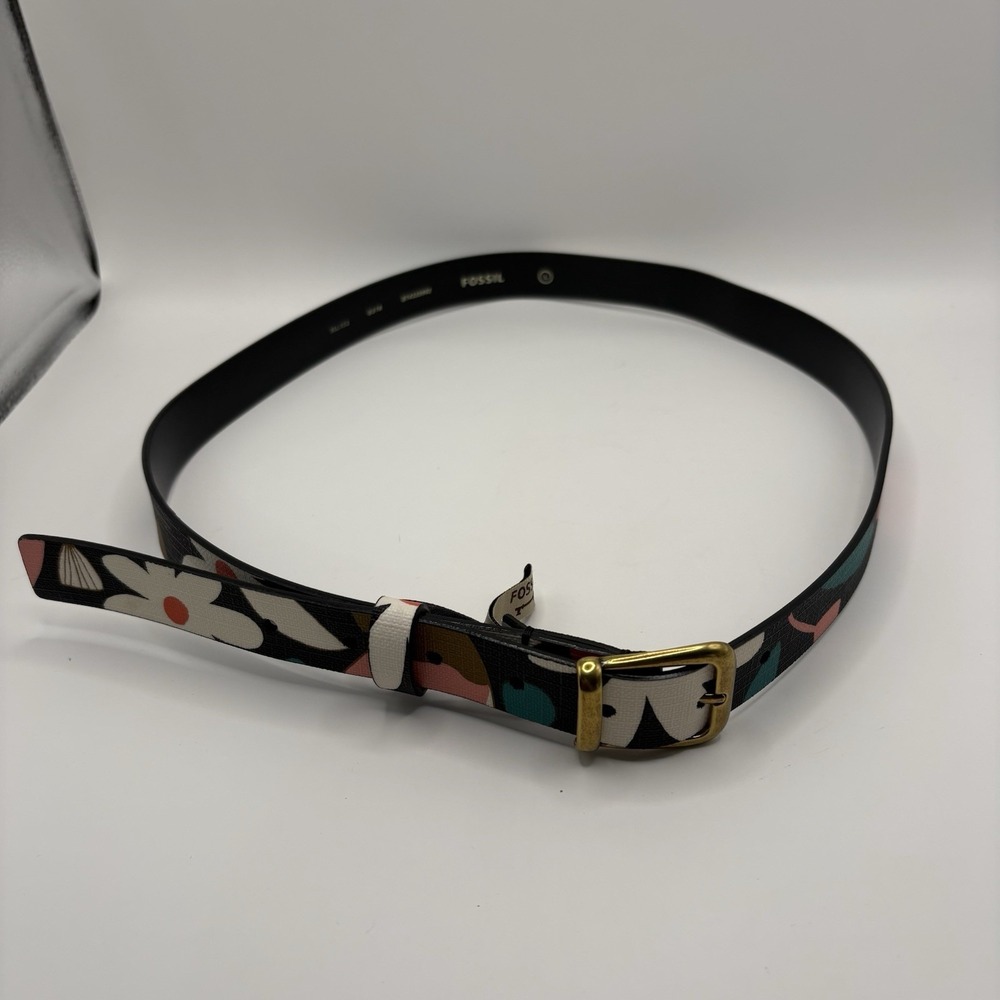 Fossil Black Floral Faux Leather Thin Belt Gold Tone Buckle Women's Large NWOT